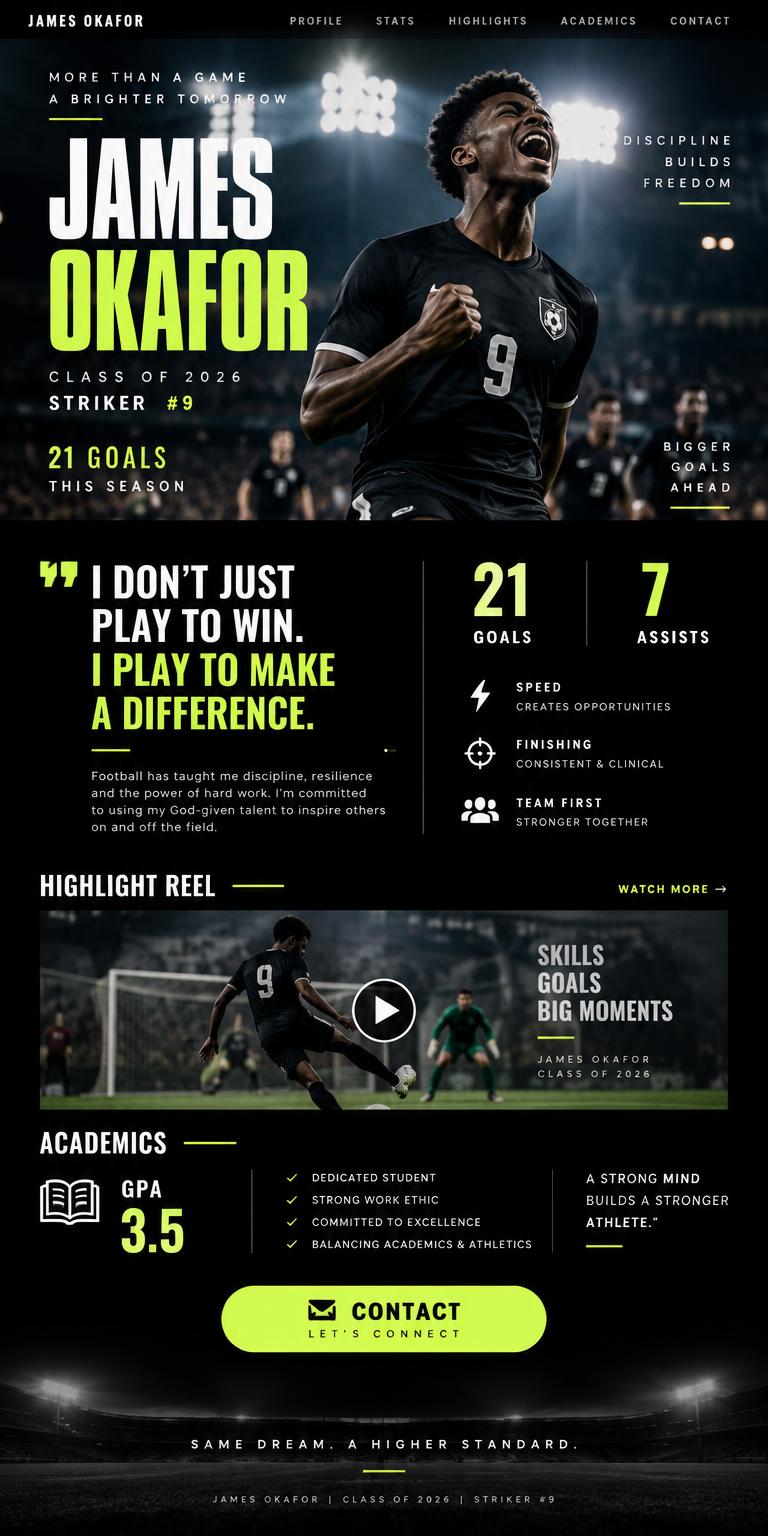 Example Sideline profile page for James Okafor