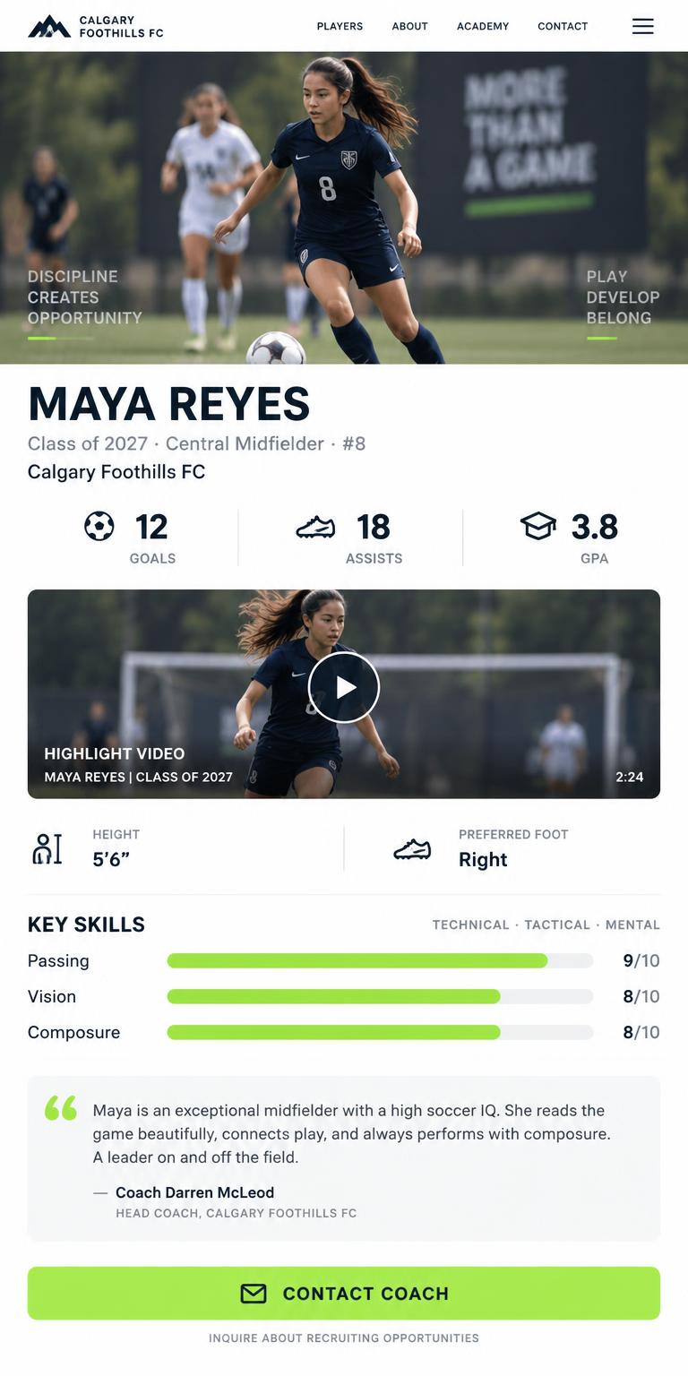 Example Sideline profile page for Maya Reyes