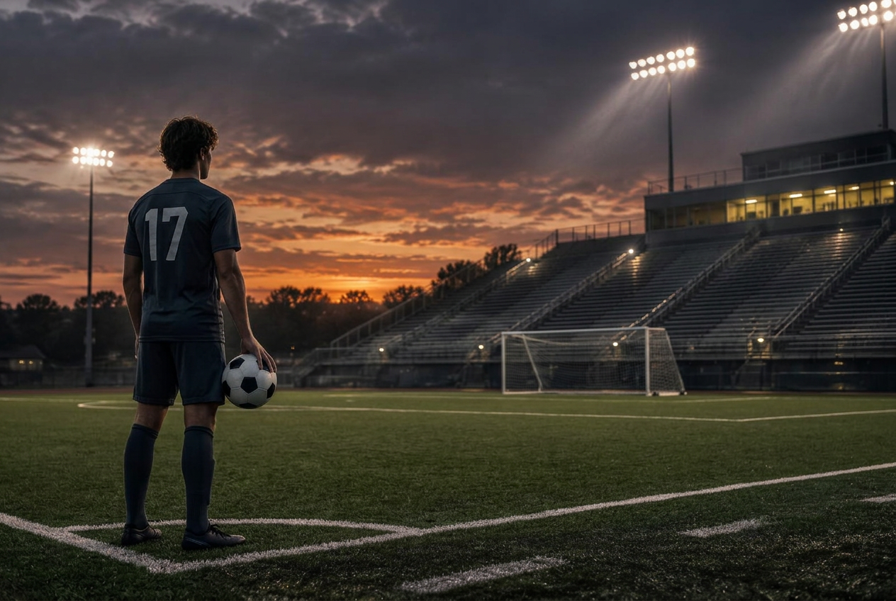 Soccer athlete standing on an empty field after practice